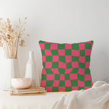 Retro Groovy Checker Green Pink Maximalist Aesthetic Throw Pillow Cover