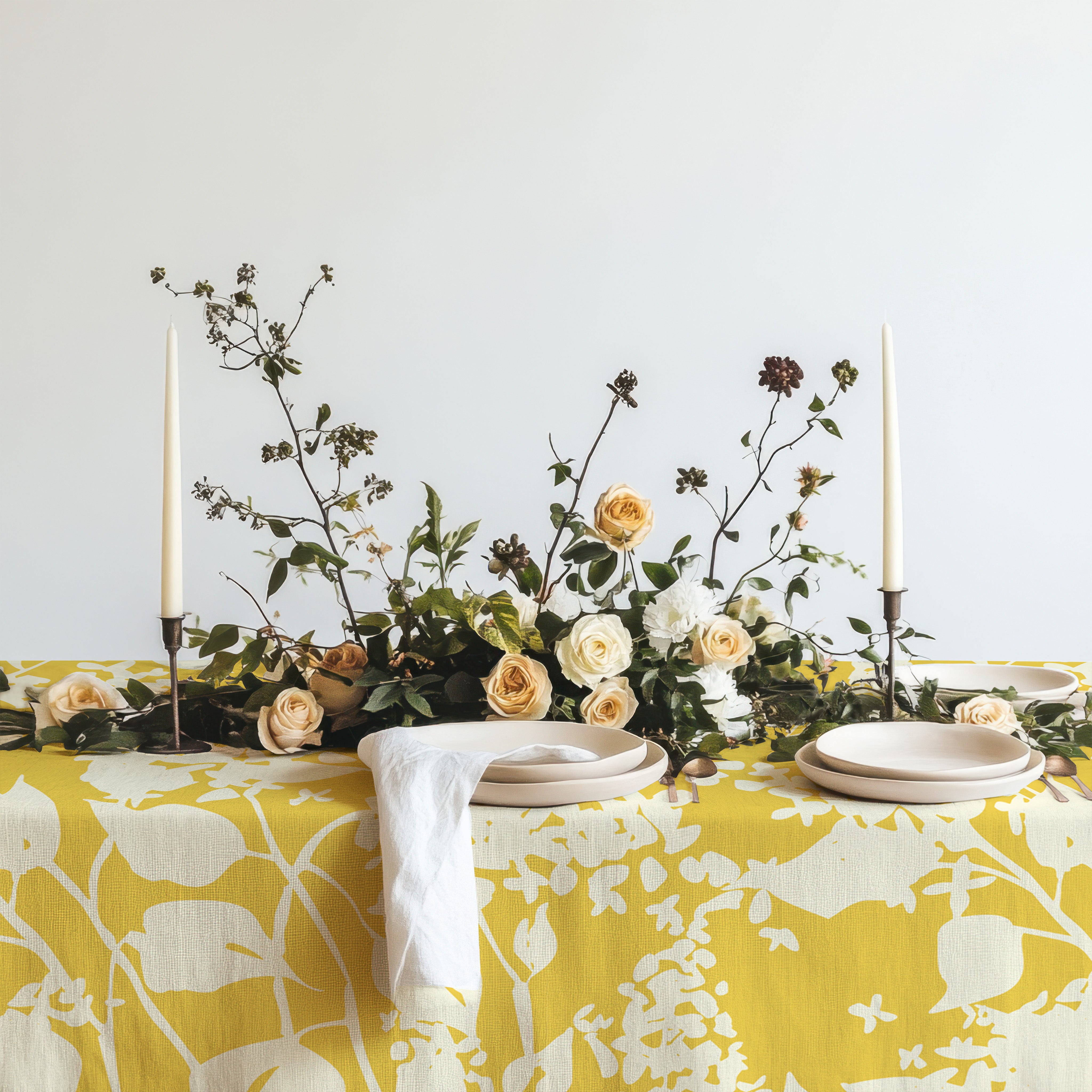 lilia flower shop White Lilac Flowers Botanical Yellow Farmhouse Floral Tablecloth LILIAC 56" x 56" / 140cm x 140cm