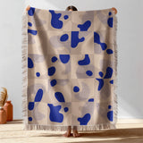 Nordic Retro Abstract Art Klein Blue Beige Geometric Cotton Woven Throw Blanket HORIZON