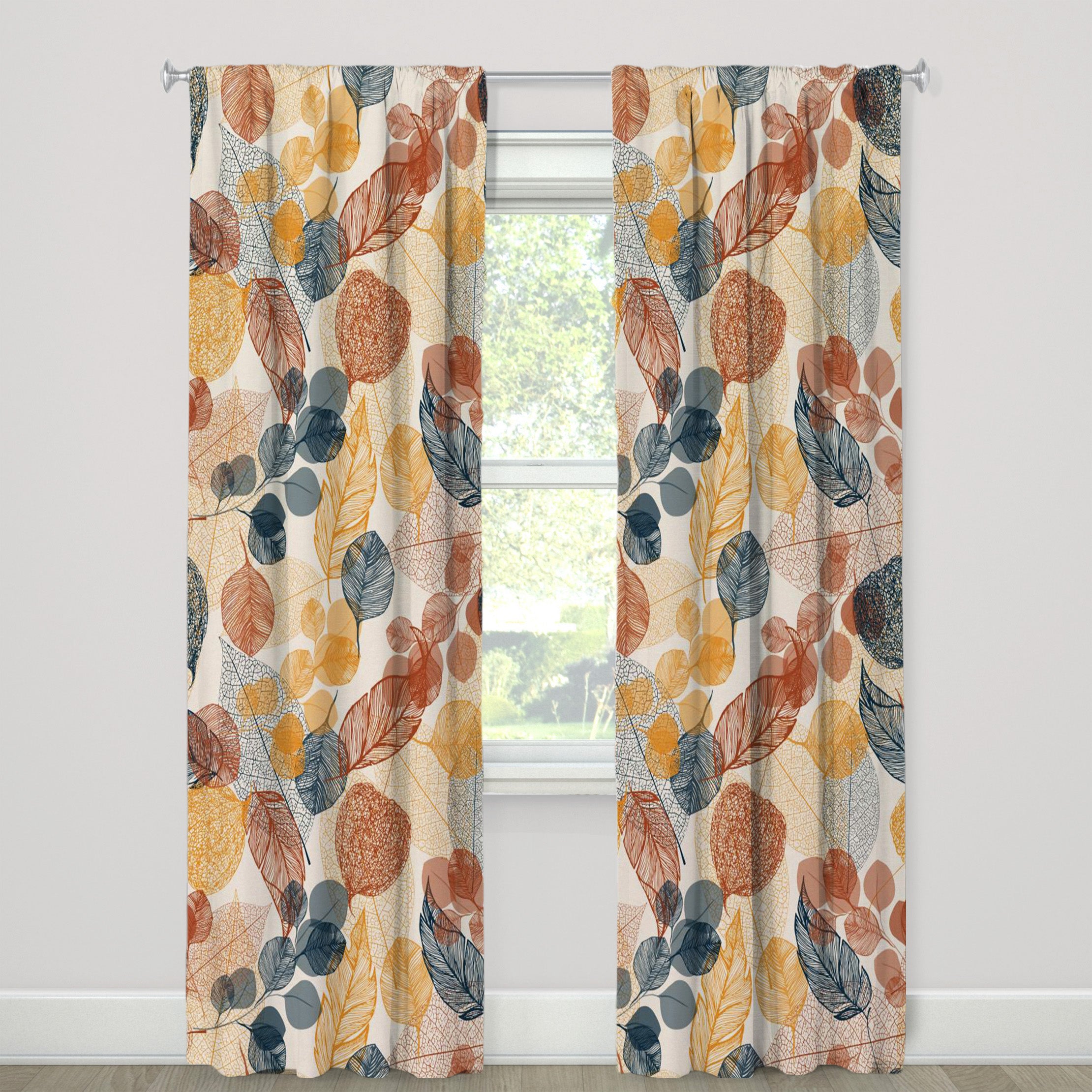 Abstract Decorative Blue Beige Brown Gold Physalis Leaves Botanical Blackout Window Curtain DAHLIA