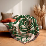 Marble Green Waves Retro Abstract Art Cotton Woven Throw Blanket OLIVE