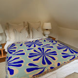 Contemporary Floral Klein Blue Abstract Cotton Woven Throw Blanket VERVE