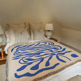 Abstract Minimal Blue Plants Organic Matisse Inspired Boho Cotton Woven Throw Blanket WAVES