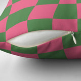 Retro Groovy Checker Green Pink Maximalist Aesthetic Throw Pillow Cover