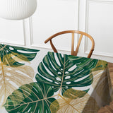 Monstera Leaves Green Gold White Tropical Tablecloth KAUAI