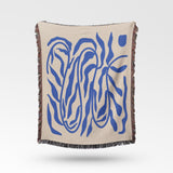 Abstract Minimal Blue Plants Organic Matisse Inspired Boho Cotton Woven Throw Blanket WAVES
