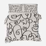 Abstract Faces Black Off-White  Line Art Boho Cotton Duvet Cover Set CARA