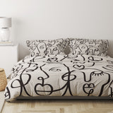 Abstract Faces Black Off-White  Line Art Boho Cotton Duvet Cover Set CARA