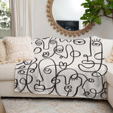 Abstract Faces Black Off-White Line Art Boho Fleece Throw Blanket CARA