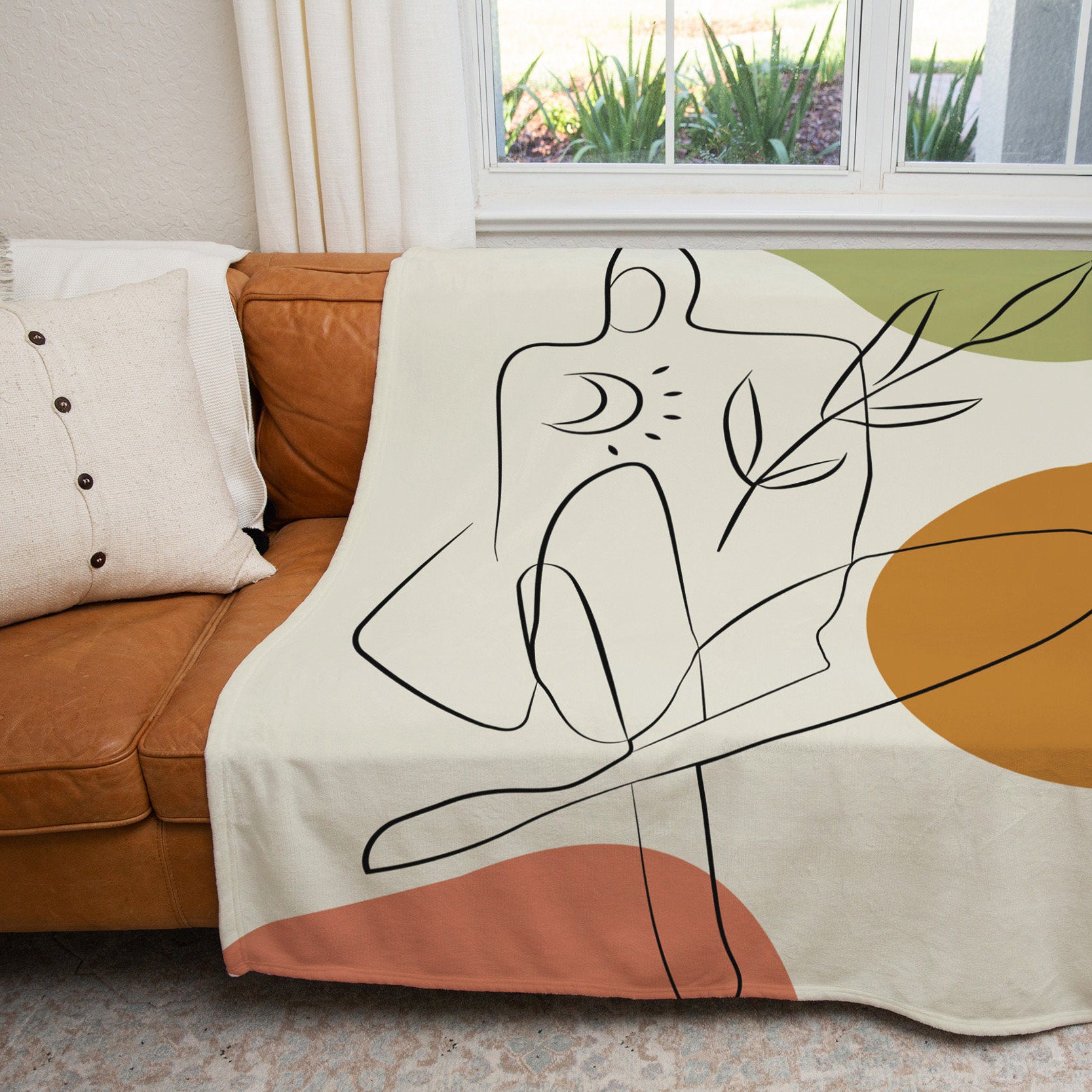 Woman And Nature Abstract Line Art Boho Fleece Throw Blanket ZOE