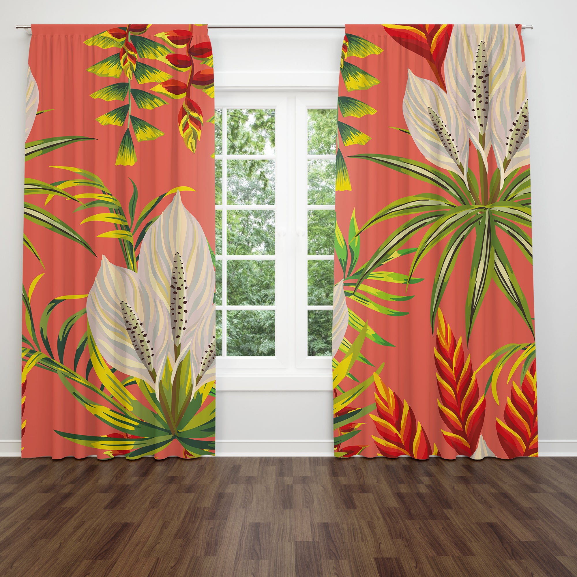 Exotic Flower Green Leaves Orange Tropical Blackout Window Curtains KONA - 2 Panels