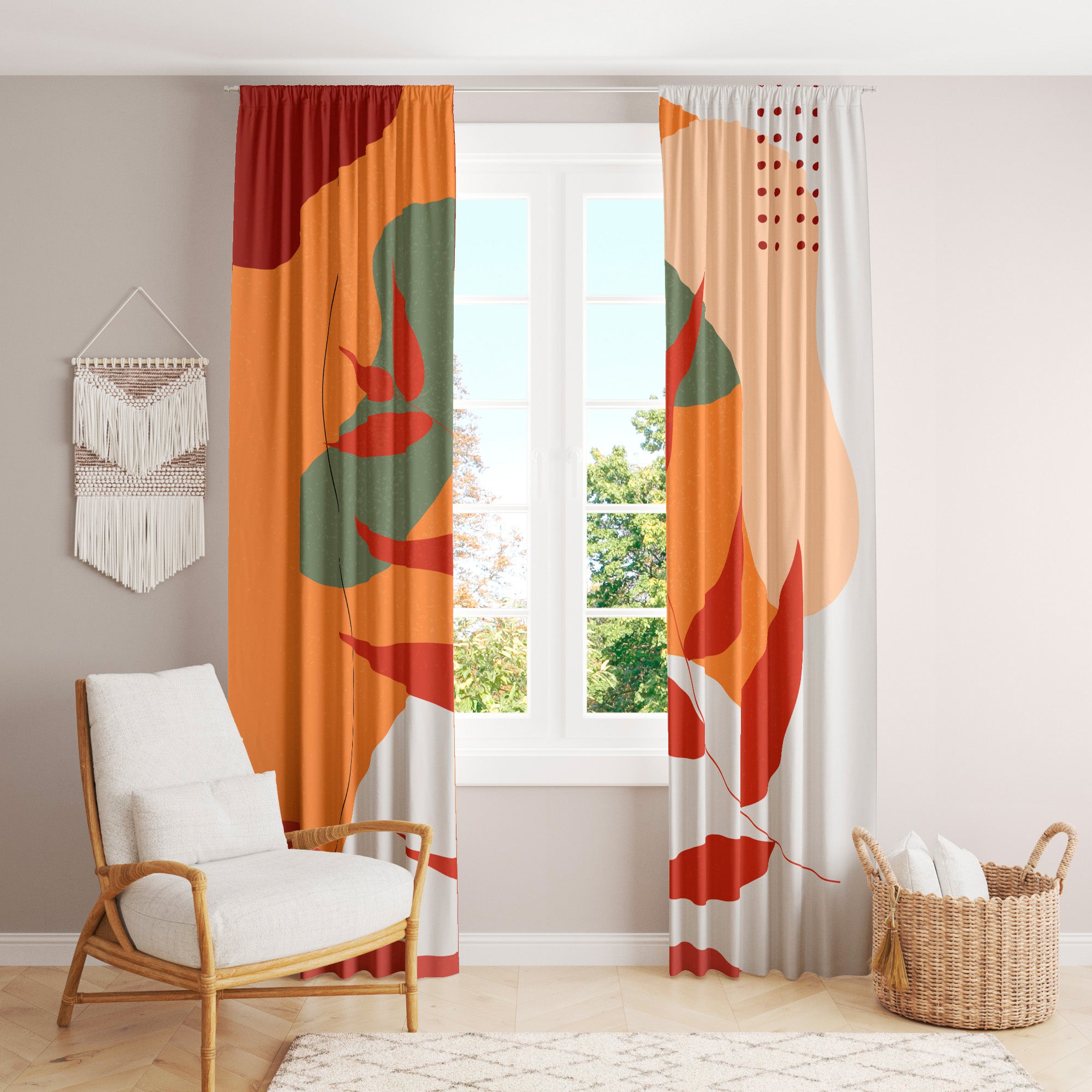 Abstract Leaves Orange Red Tropical Blackout Window Curtains LYRIA - 2 Panels