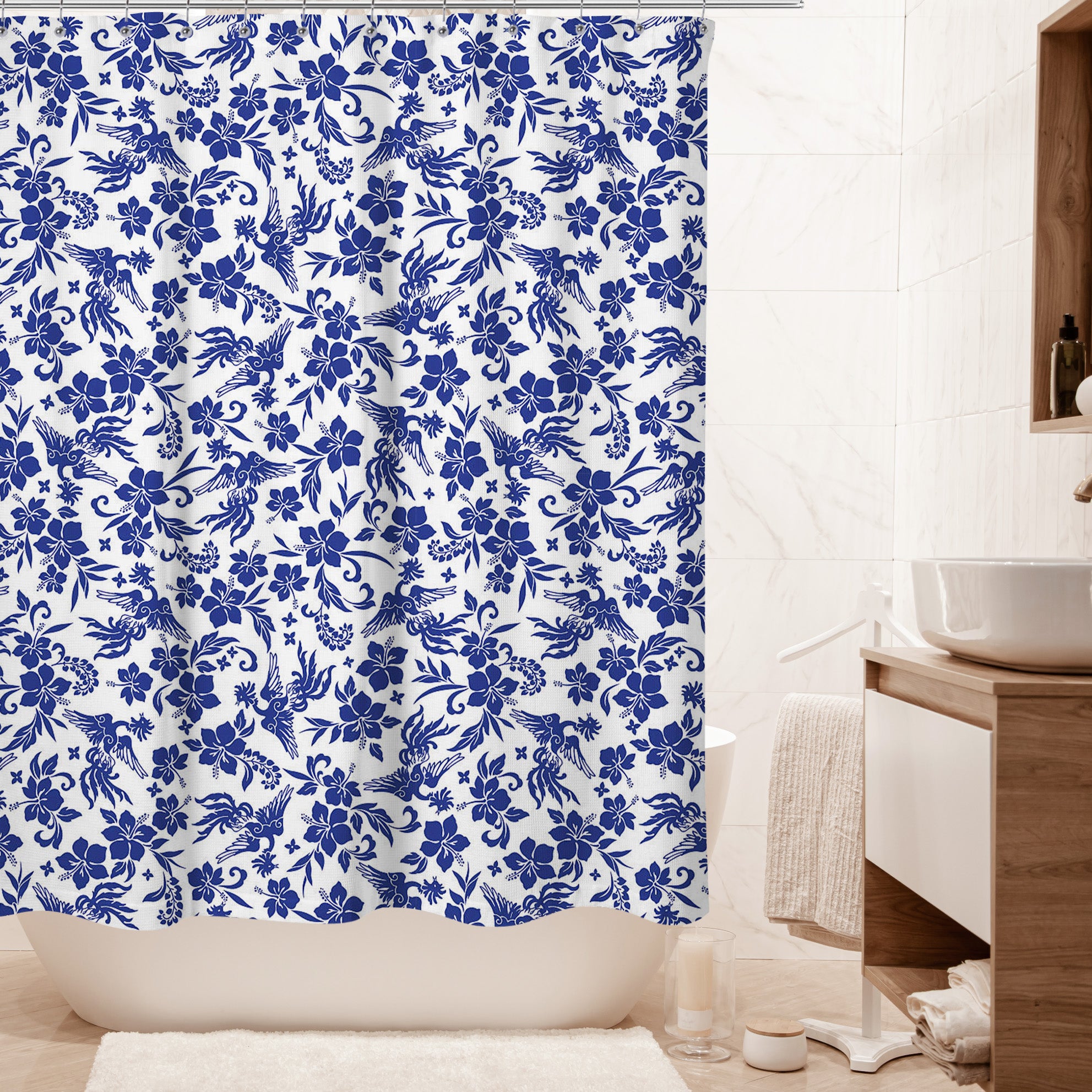 Blue cheapest And White Tiled Shower Curtain