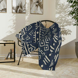 African Navy Blue White Ethnic Mudcloth Fleece Throw Blanket ENAM