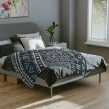 African Navy Blue White Ethnic Mudcloth Fleece Throw Blanket ENAM