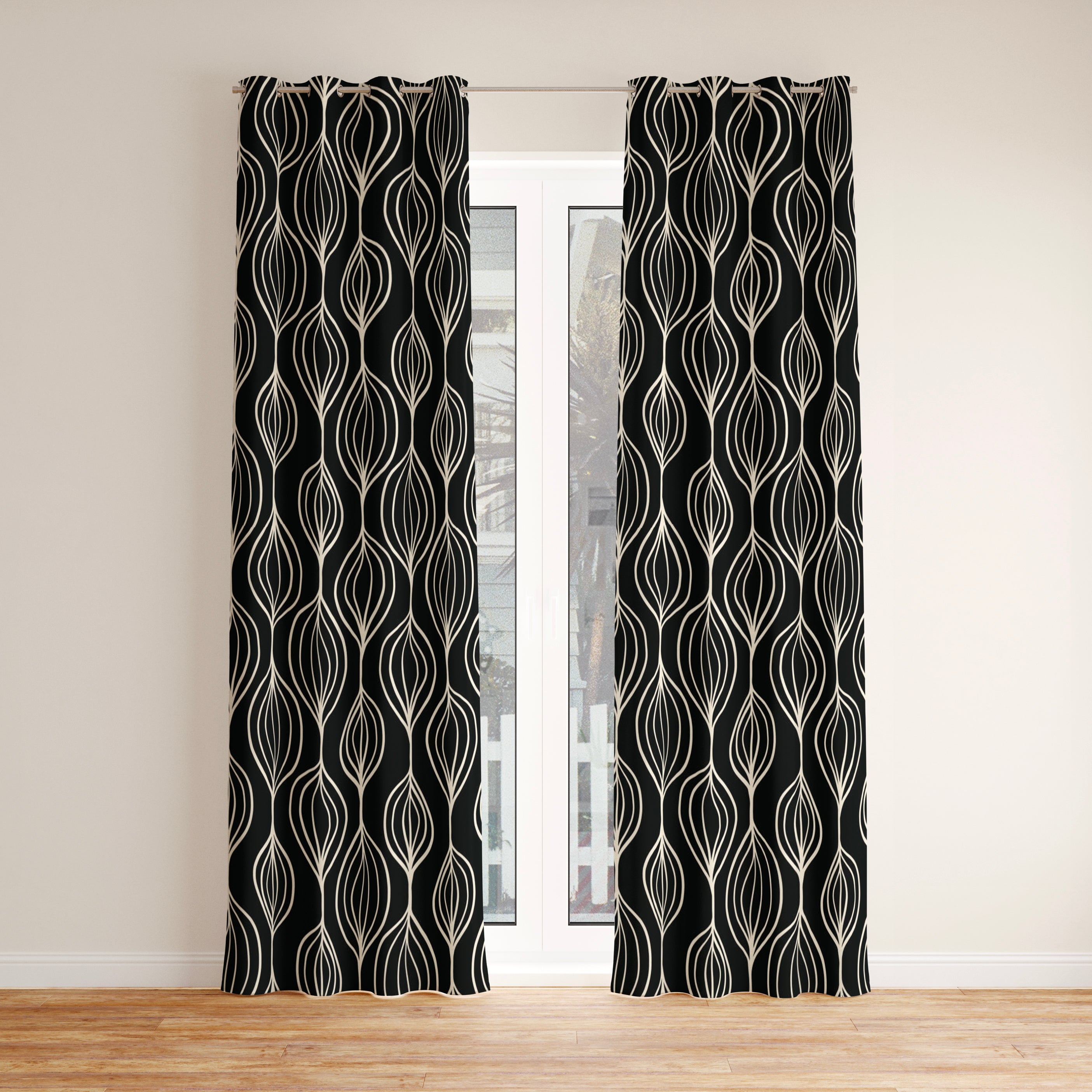 Mid-Century Modern Abstract Black & White Geometric Leaf Blackout Window Curtain KORI