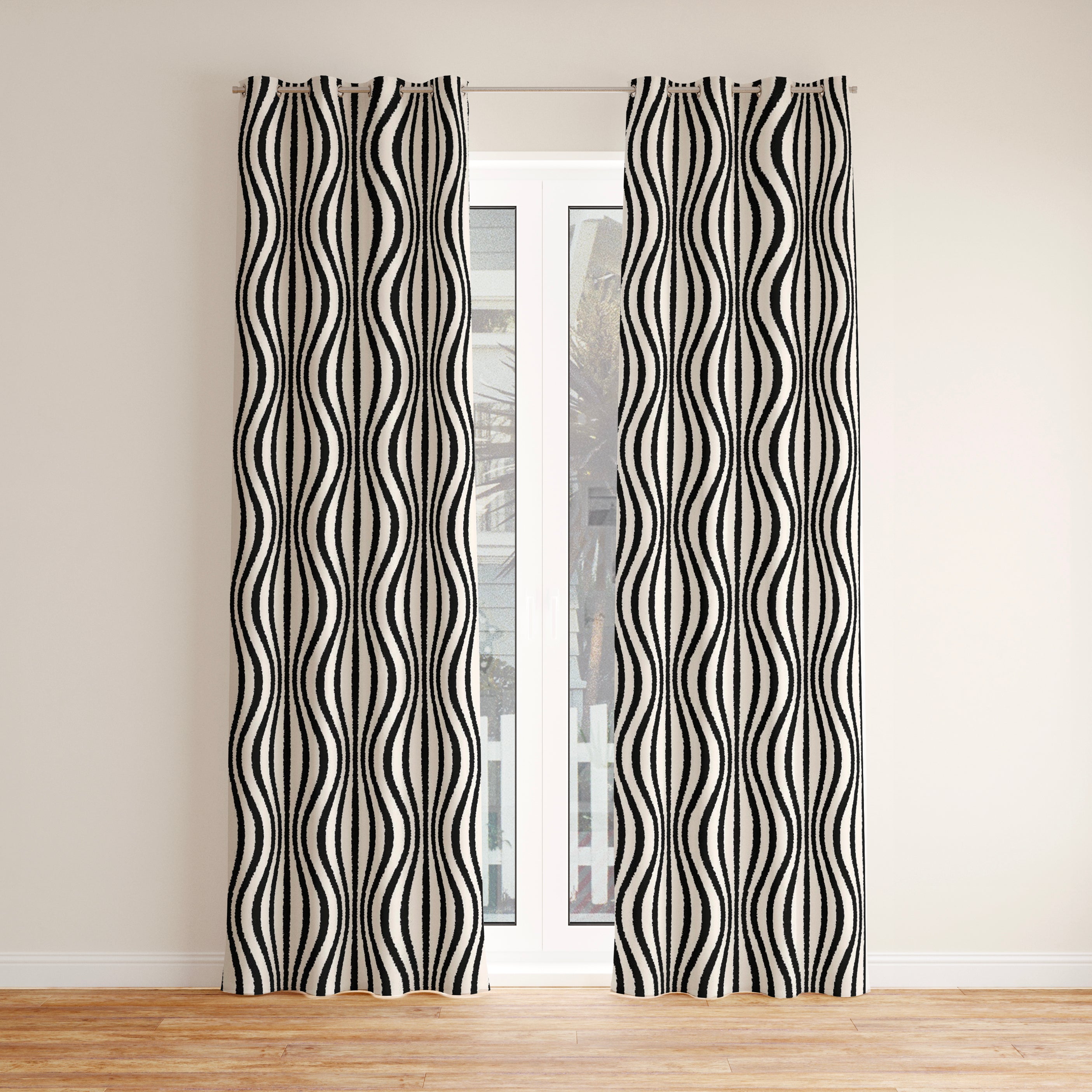 Abstract Geometric Wavy Mesh Black White Blackout Window Curtain ROWAN