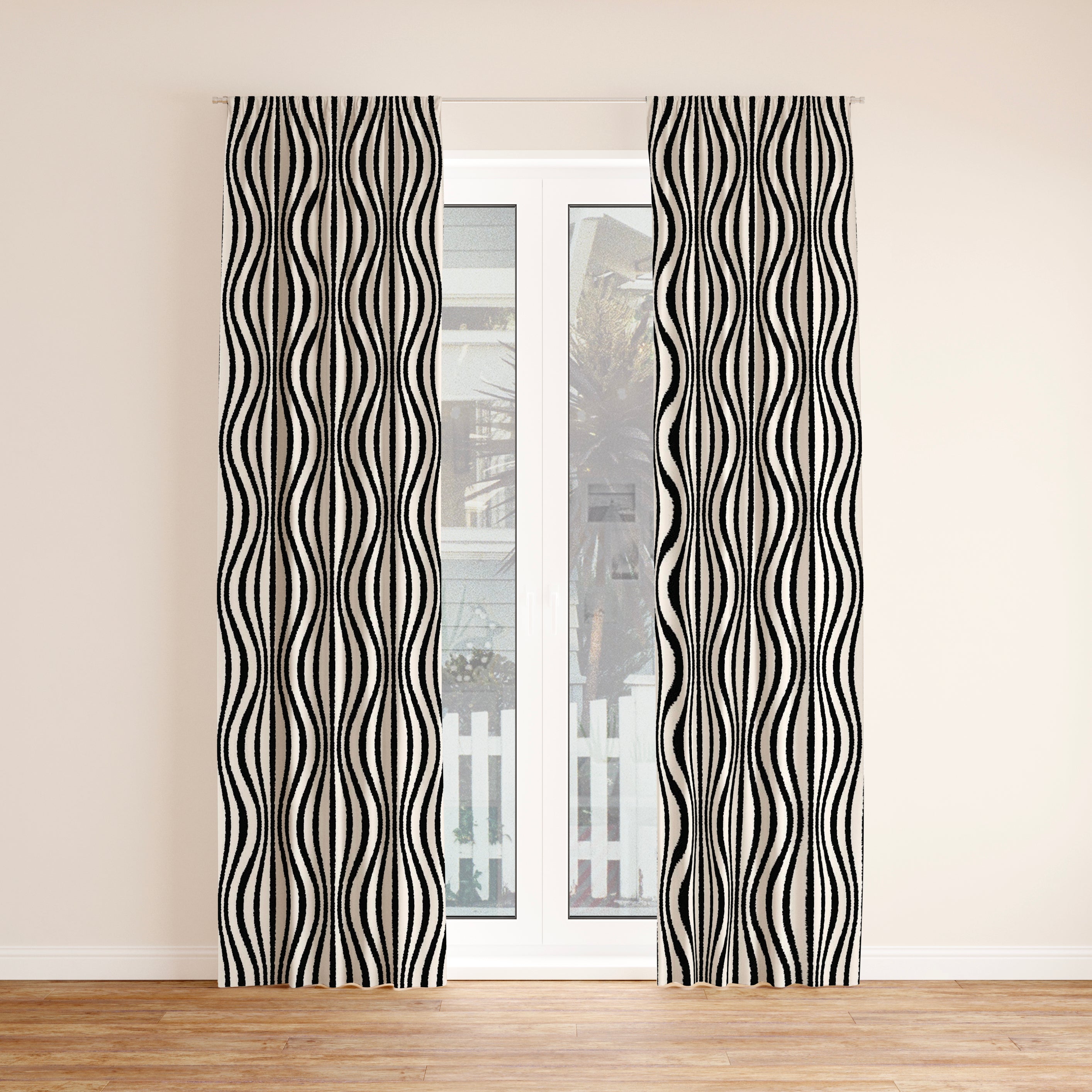 Abstract Wavy Mesh Ornamental Black White Blackout Window Curtain ROWAN