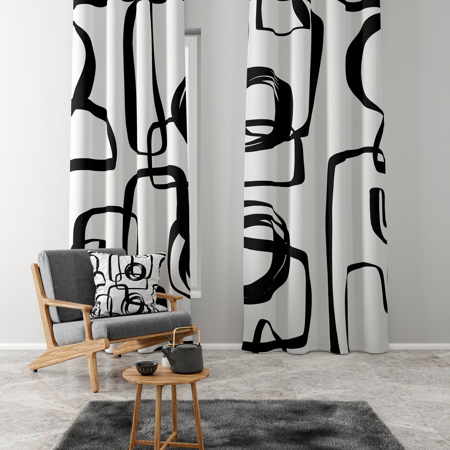 Abstract Geometric Black White Mid Century Modern Blackout Window Curt ...