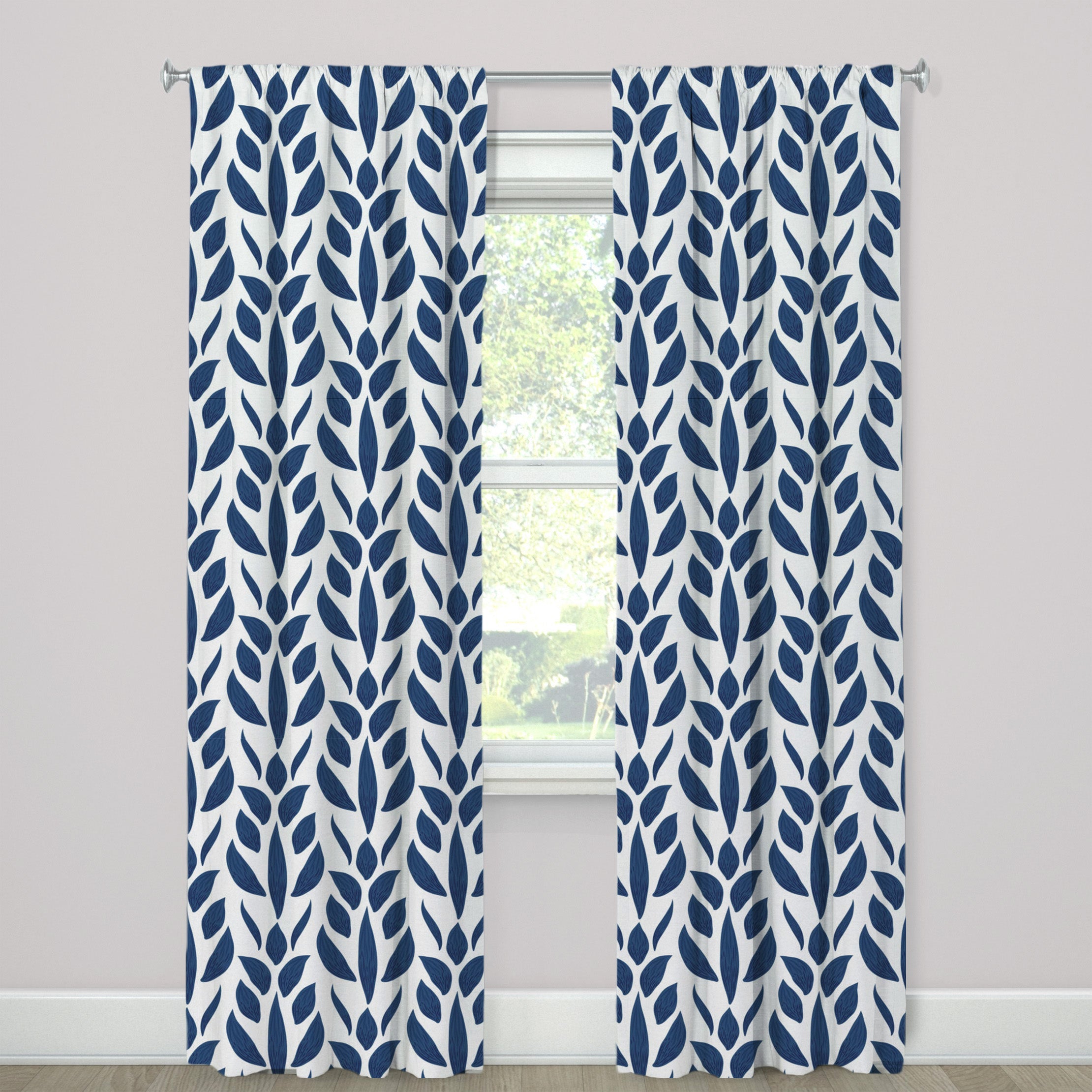 Botanical Ornamental Leaf Navy Blue Blackout Window Curtain BREEZE