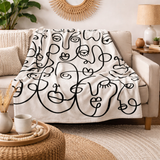 Abstract Faces Black Off-White Line Art Boho Fleece Throw Blanket CARA