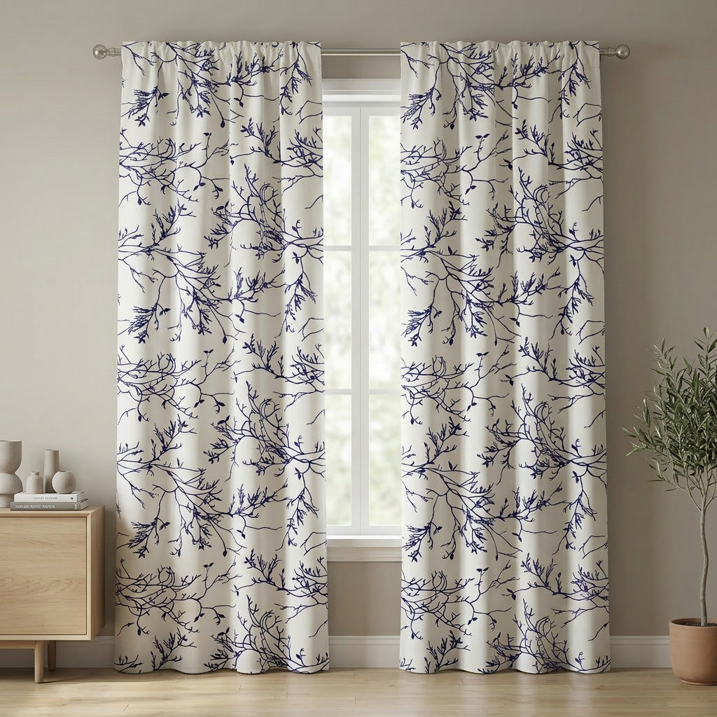 Botanical Forest Tree Branches White Navy Blue Blackout Window Curtain ELOISE