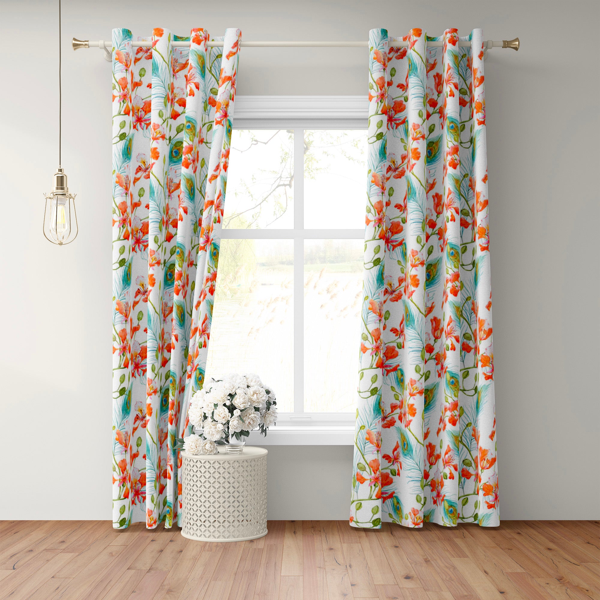 Watercolor Red Flowers Peacock Feathers Floral Blackout Window Curtain SERAPHINE