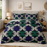 African Kitenge Navy Blue Green Ethnic Cotton Duvet Cover Set HADIZA