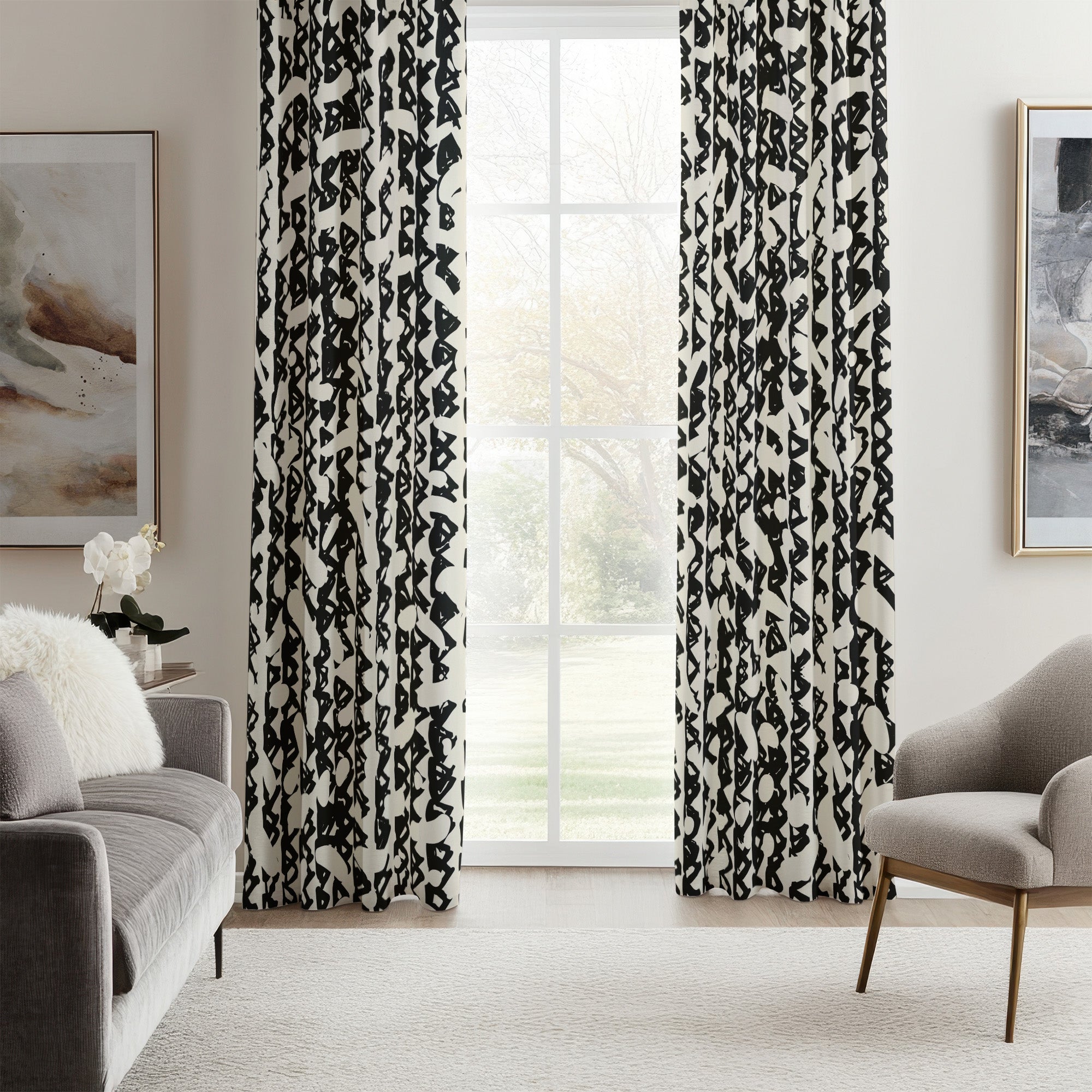 Abstract Organic Triangle Shibori Black Off-White Blackout Window Curt ...
