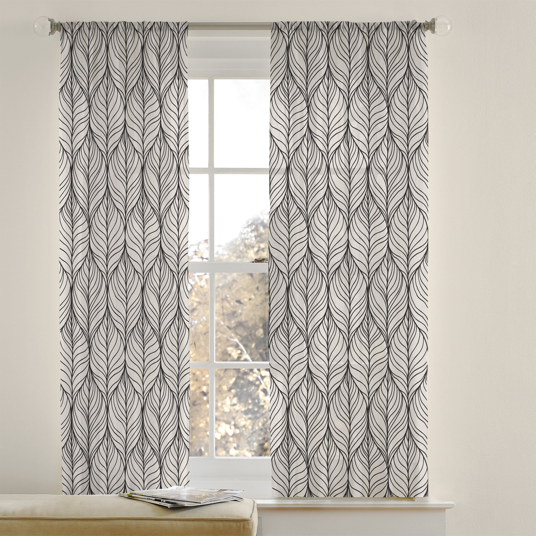 Botanical Geometric Leaves Off White Black Semi Sheer Window Curtain ISHANA