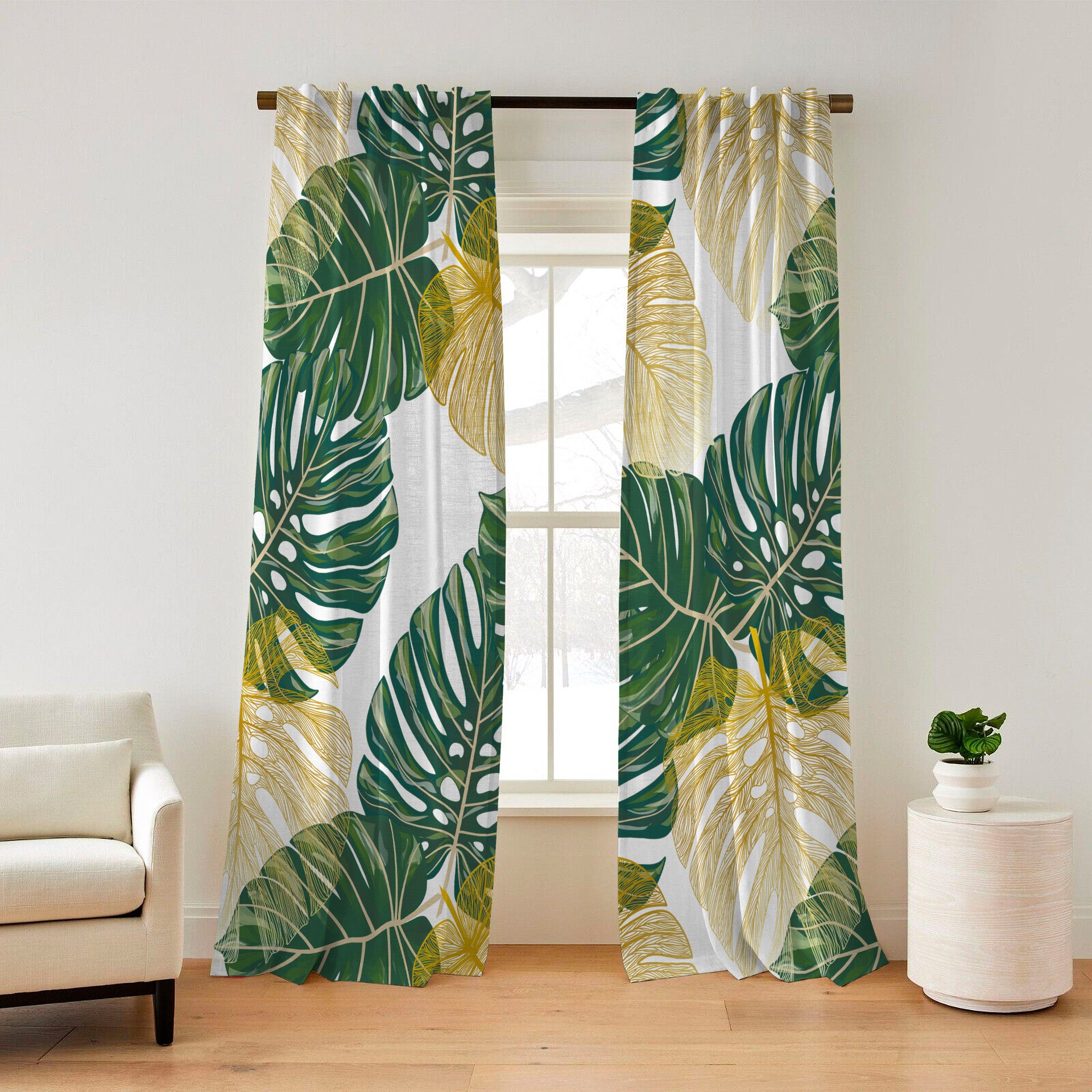 Tropical Monstera Leaf Green Gold White Blackout Window Curtains KAUAI - 2 Panels