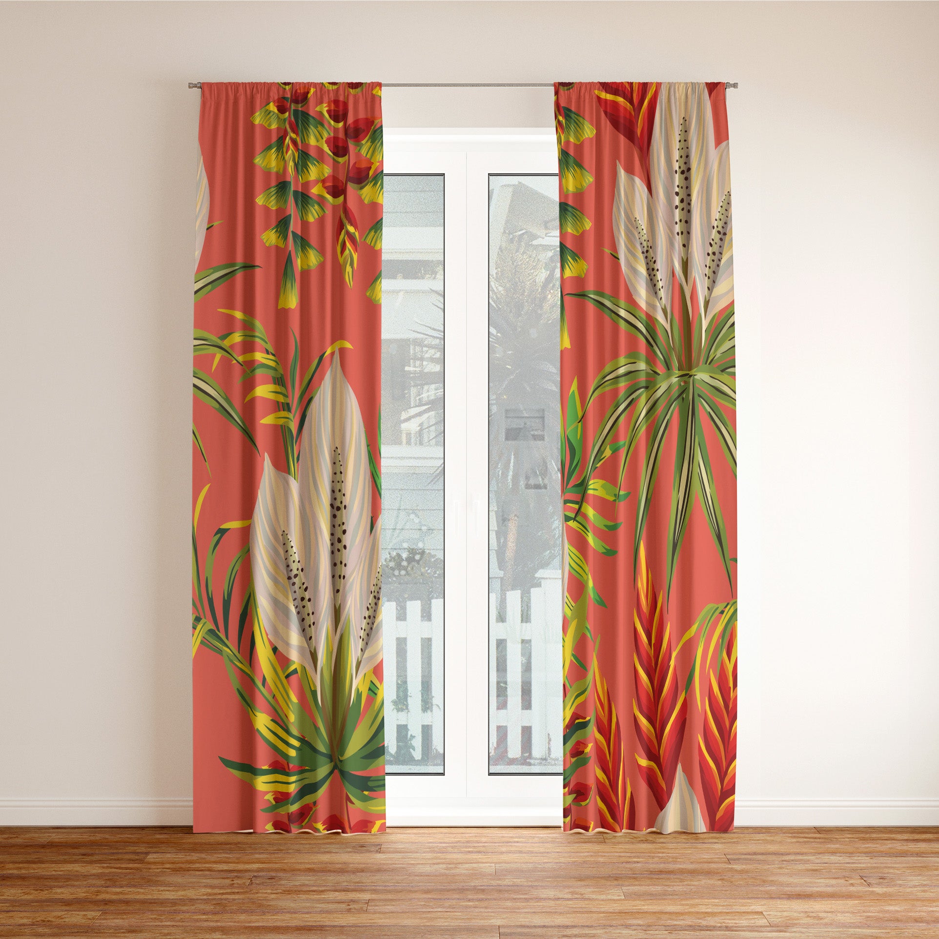 Exotic Flower Green Leaves Orange Tropical Blackout Window Curtains KONA - 2 Panels