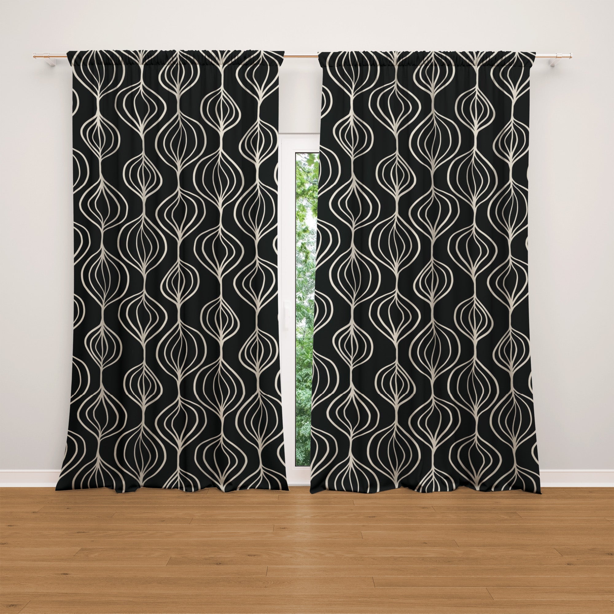 Mid-Century Modern Abstract Black & White Geometric Leaf Blackout Window Curtain KORI