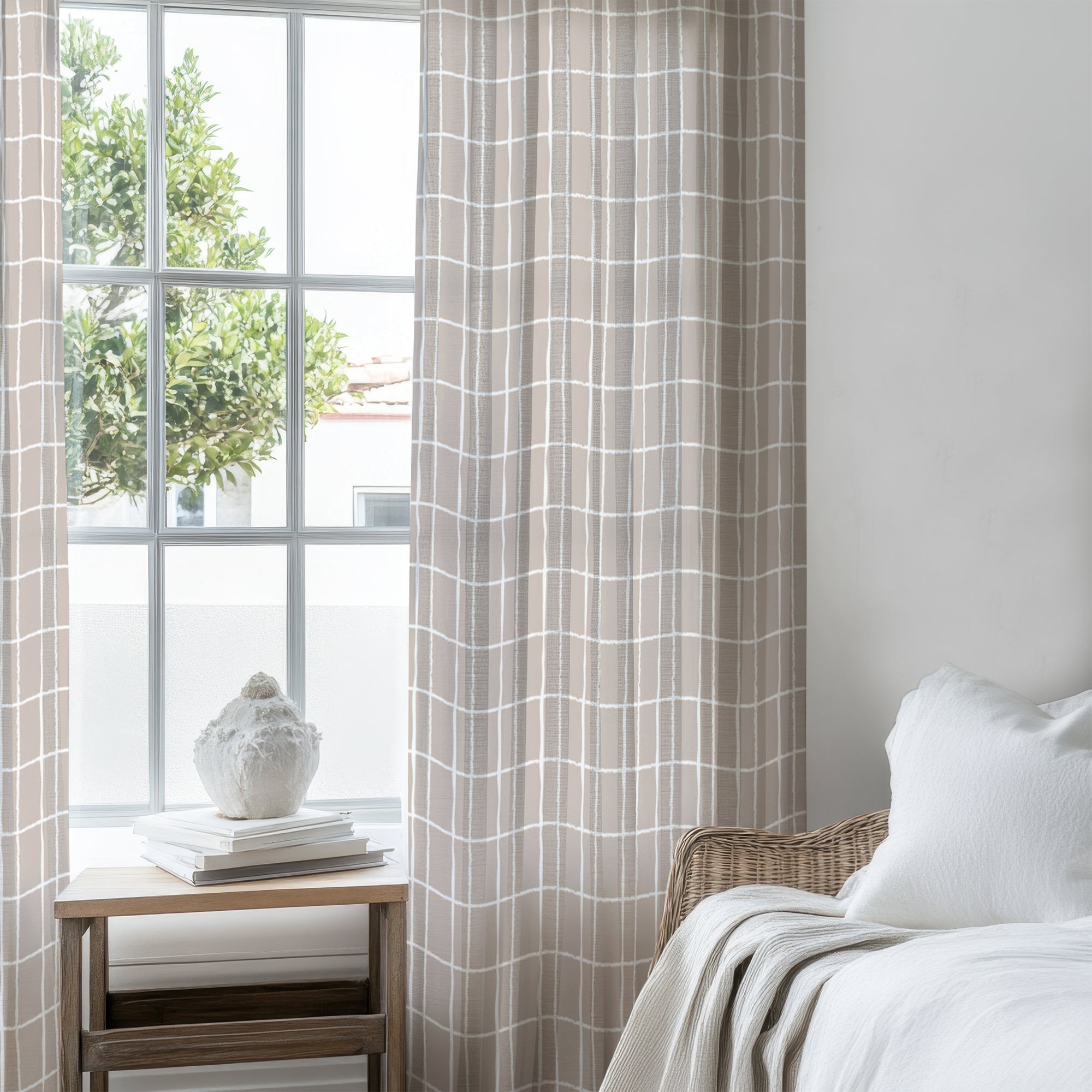 Window Display Beige Minimalist Farmhouse Geometric Beige White Checkered Semi Sheer Window ...