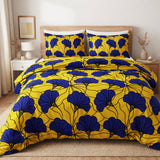 African Kitenge Yellow Navy Blue Floral Ethnic Cotton Duvet Cover Set MAKENA