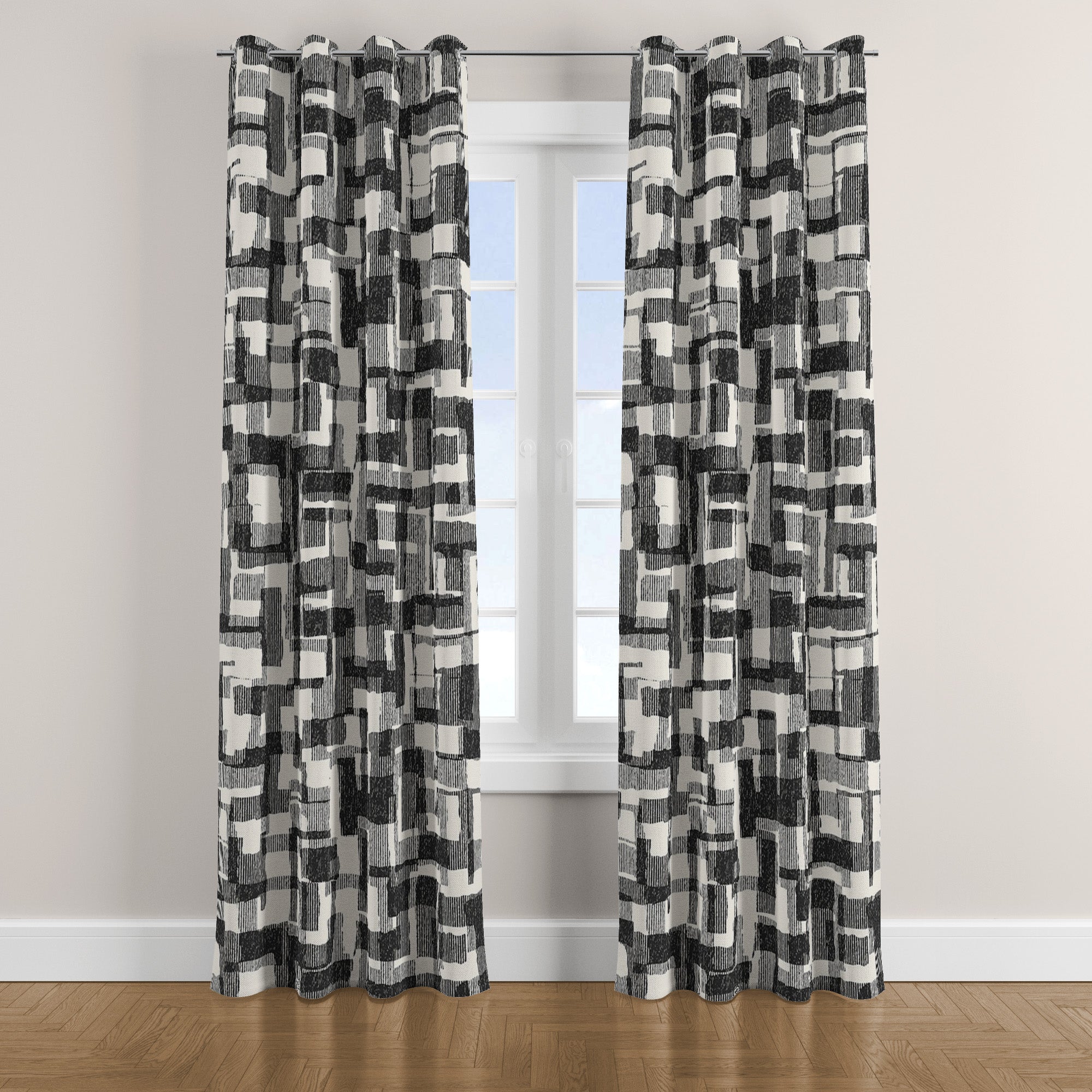 Retro Mid Century Modern Black And White Blackout Window Curtain NOIR