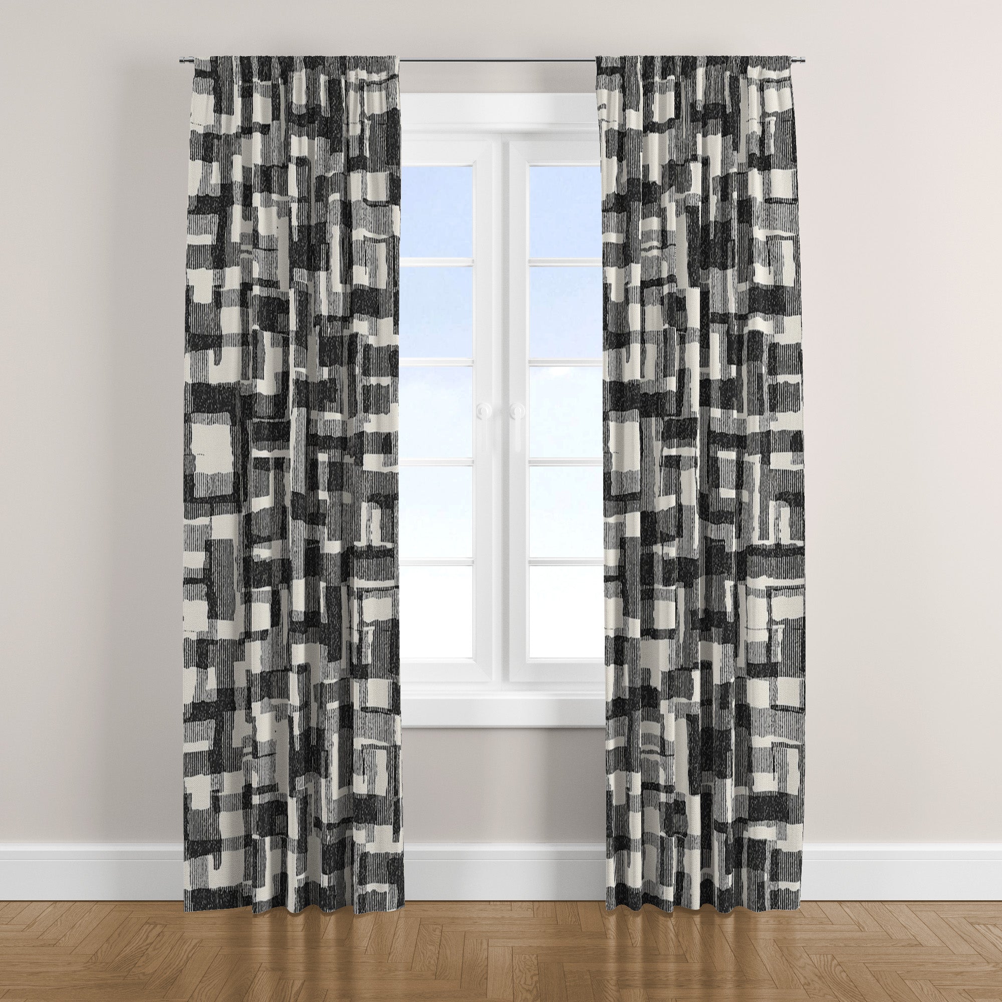 Retro Mid Century Modern Black And White Blackout Window Curtain NOIR