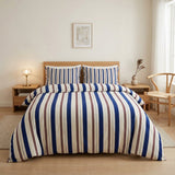 Nordic Blue Burgundy Striped Coastal Scandinavian Cotton Duvet Cover Set NORDHAVN