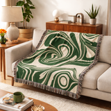 Marble Green Waves Retro Abstract Art Cotton Woven Throw Blanket OLIVE