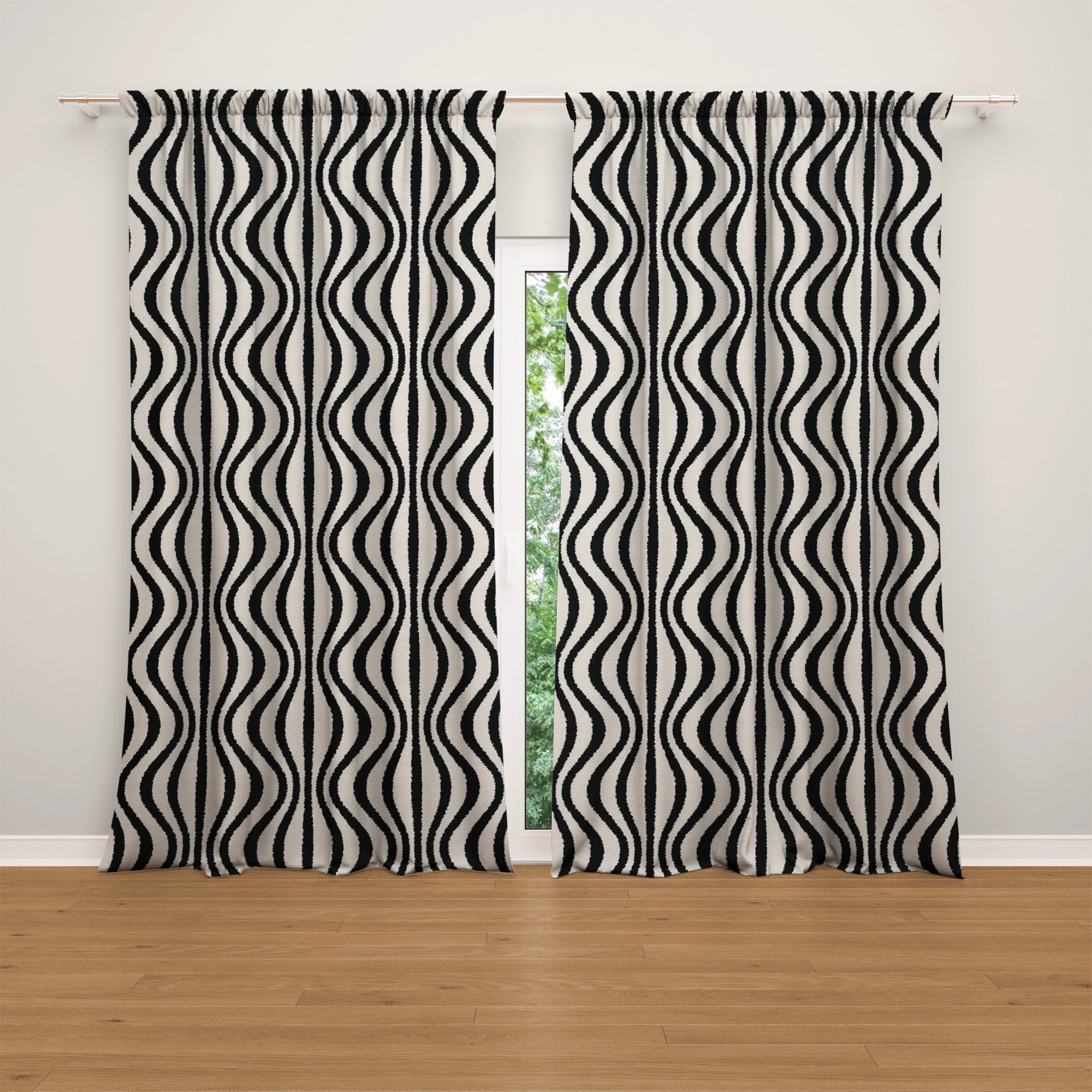 Abstract Geometric Wavy Mesh Black White Blackout Window Curtain ROWAN