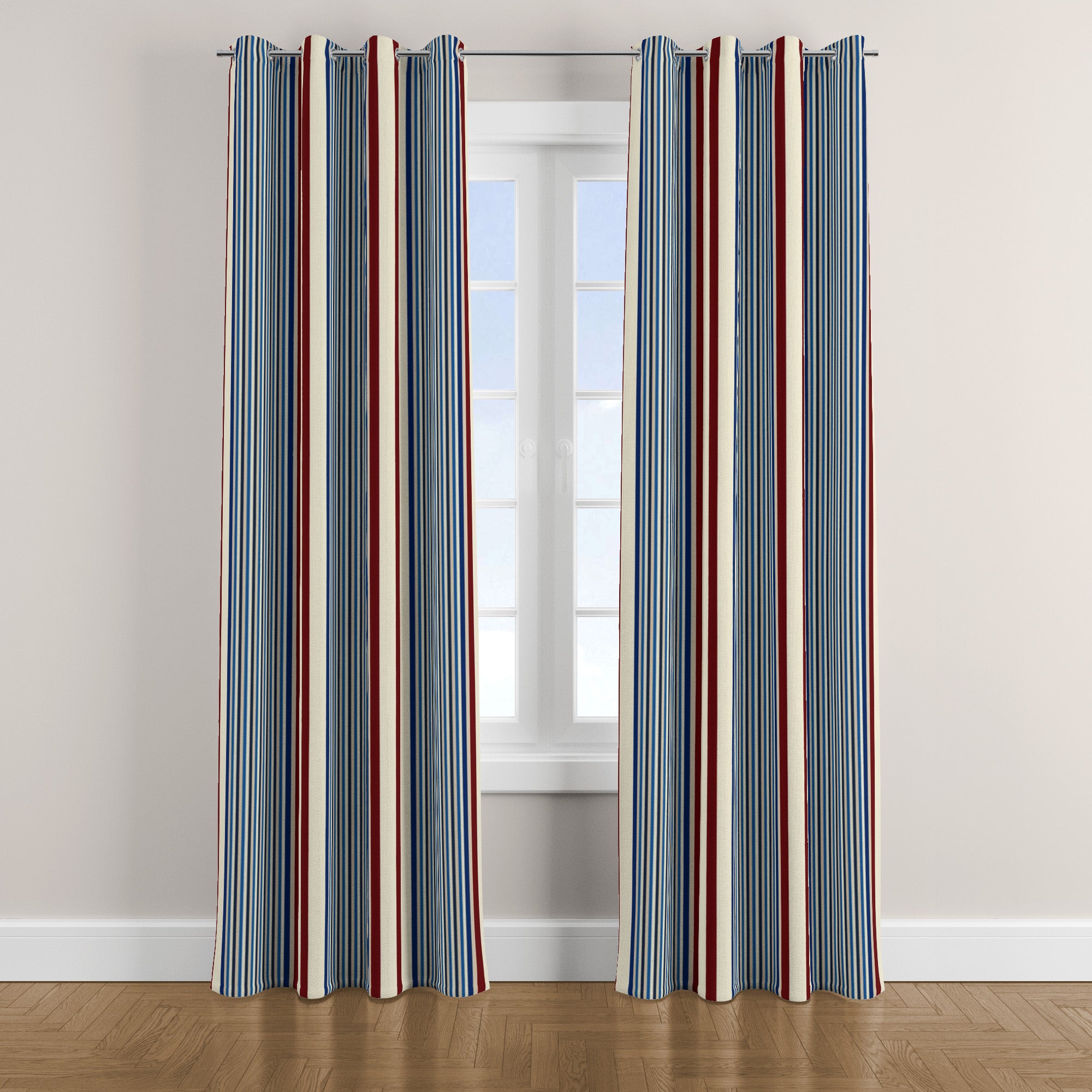 Scandinavian Striped Blue Burgundy Ivory Blackout Window Curtain VIND