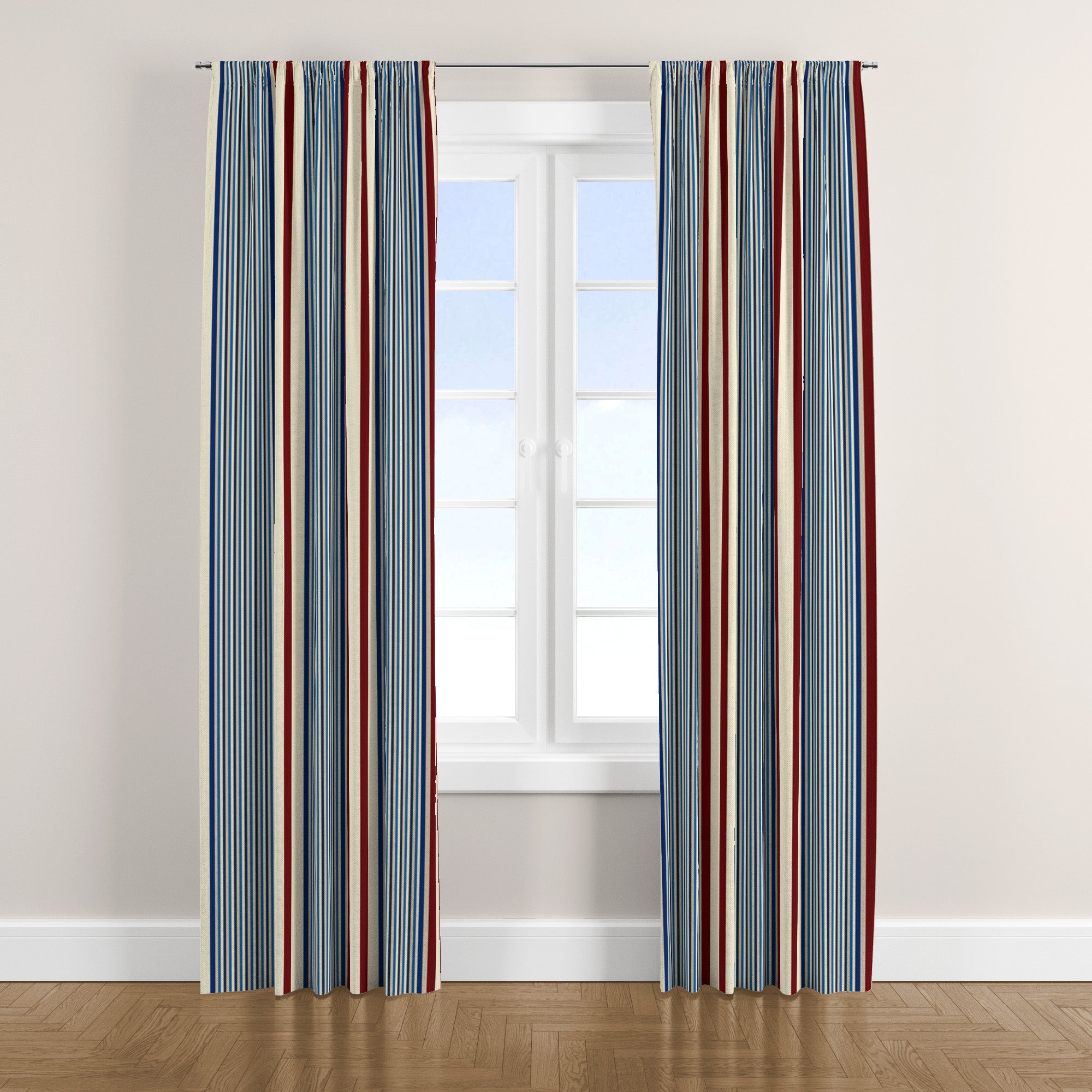 Scandinavian Striped Blue Burgundy Ivory Blackout Window Curtain VIND