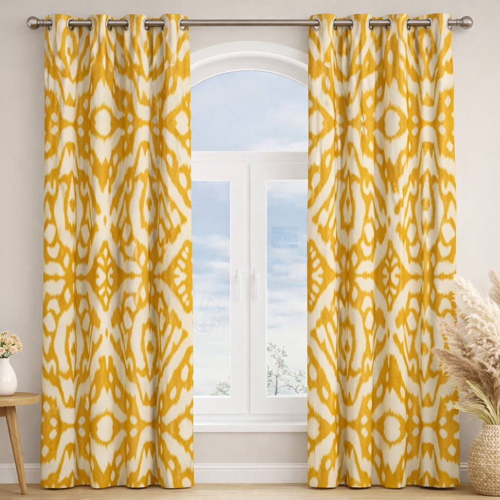 Abstract Yellow Ikat Boho Blackout Window Curtain AKIARA