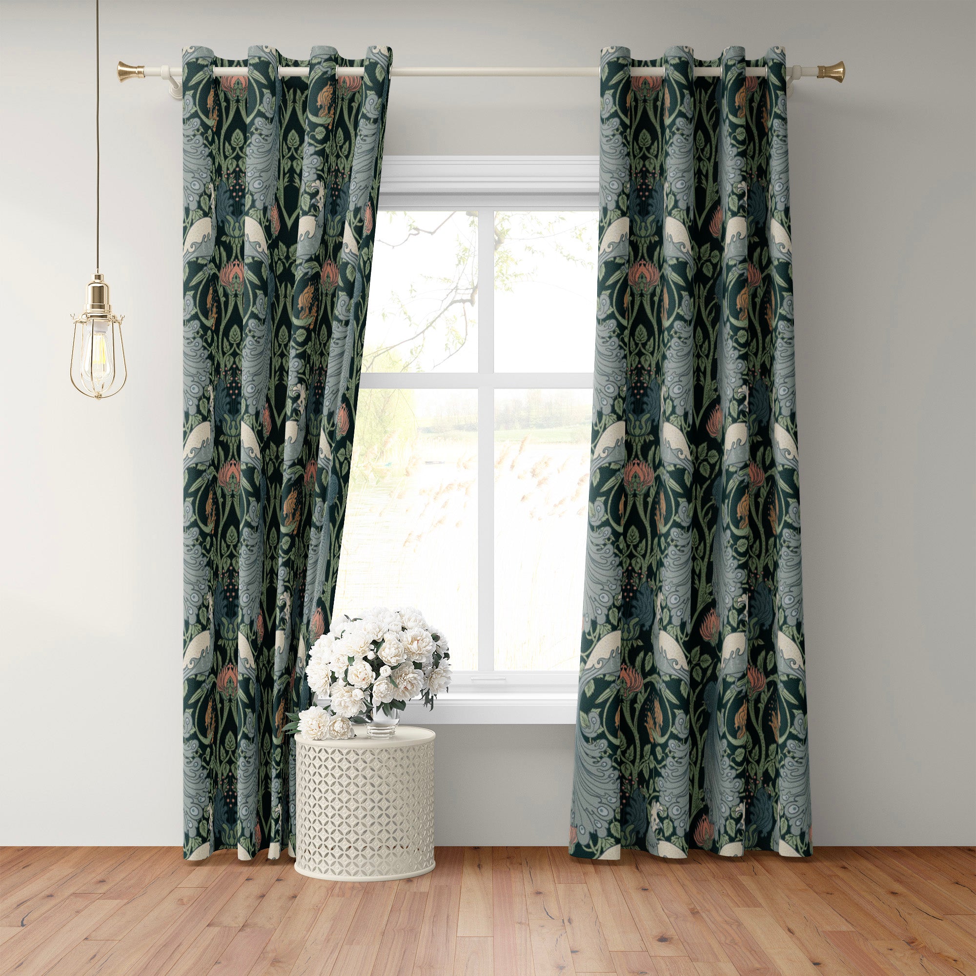 Enchanted Art Nouveau Deep Green Vintage Botanical Retro Blackout Window Curtain AVELINE