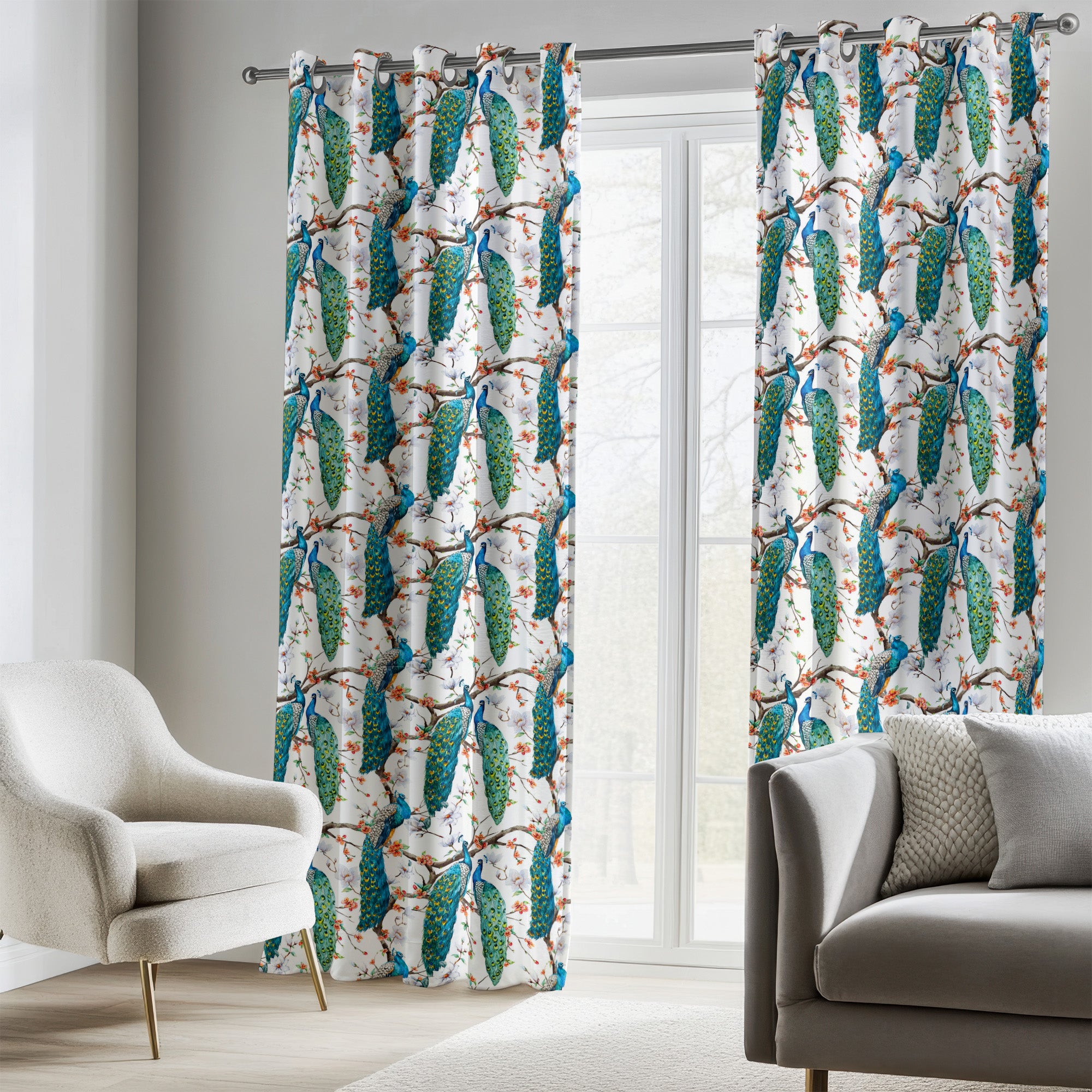 Botanical Watercolor Peacock Blue White Blackout Window Curtain AZURA