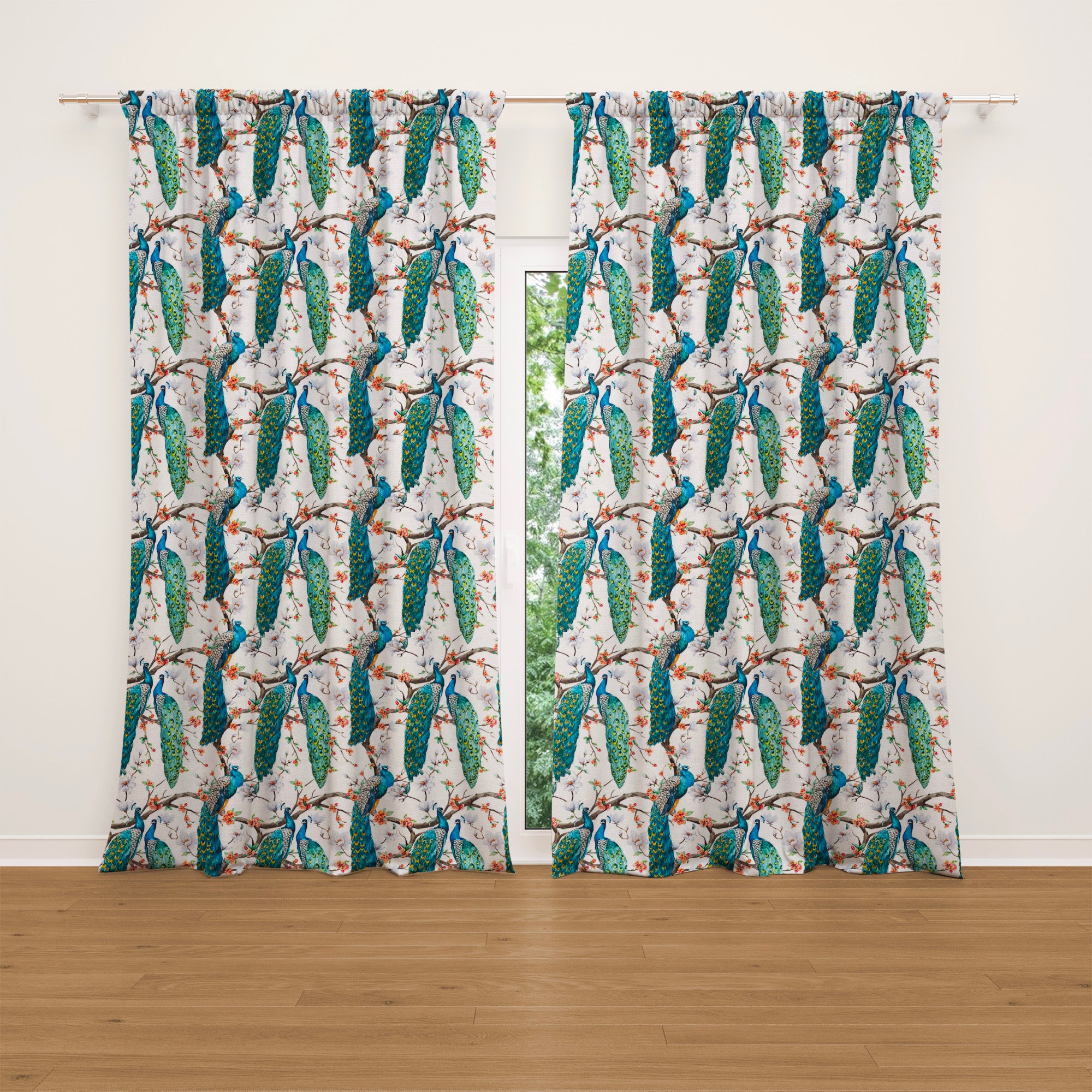 Watercolor Peacock Botanic Floral Blue White Blackout Window Curtain AZURA