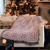 Scandinavian Christmas Geometric Red Blue Leaves Cotton Woven Throw Blanket JULE