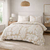 Abstract Beige White Retro 70s Floral Cotton Duvet Cover Set BLOSSOM