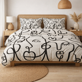 Line Art Abstract Black Off-White Boho Cotton Duvet Cover Set CARA
