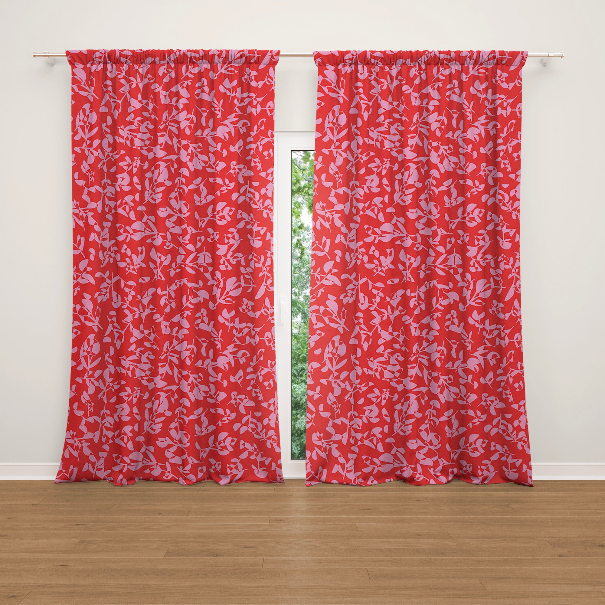 Abstract Botanic Pink Red Maximalist Aesthetic Blackout Window Curtains ROSANOVA